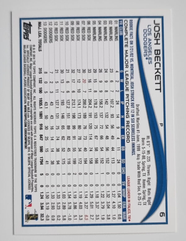 2014 Topps #6 Josh Beckett – Image 2