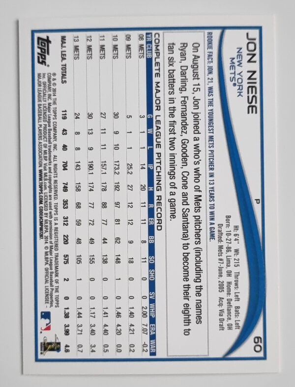 2014 Topps #60 Jon Niese – Image 2