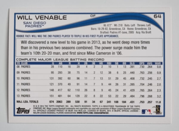 2014 Topps #64 Will Venable – Image 2