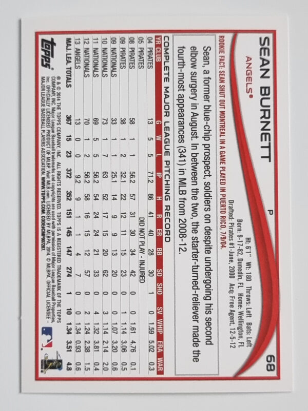 2014 Topps #68 Sean Burnett – Image 2
