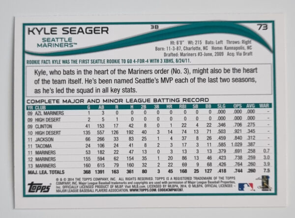 2014 Topps #73 Kyle Seager – Image 2
