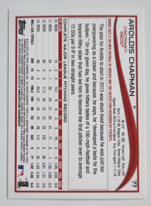 2014 Topps #77 Aroldis Chapman – Image 2