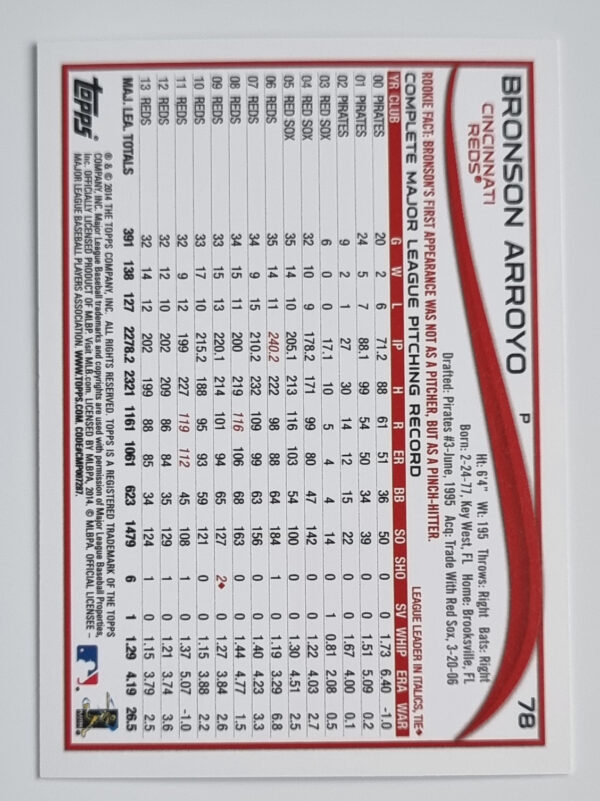 2014 Topps #78 Bronson Arroyo – Image 2
