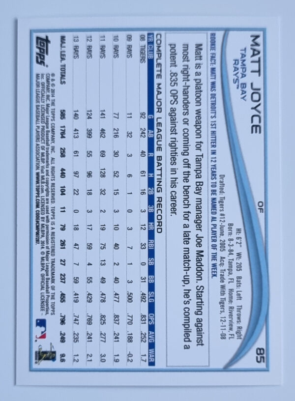 2014 Topps #85 Matt Joyce – Image 2