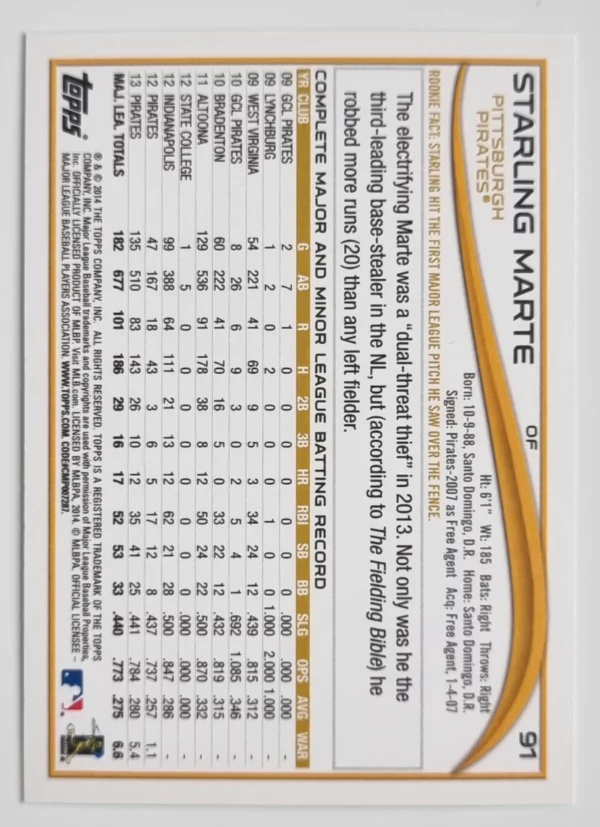 2014 Topps #91 Starling Marte FS – Image 2