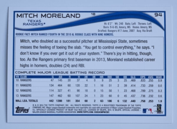 2014 Topps #94 Mitch Moreland – Image 2