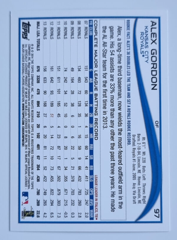 2014 Topps #97A Alex Gordon – Image 2