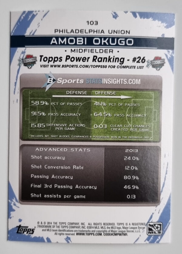 2014 Topps MLS #103 Amobi Okugo – Image 2