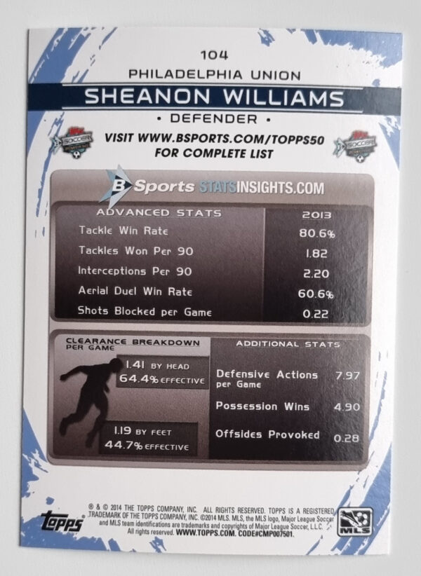 2014 Topps MLS #104 Sheanon Williams – Image 2