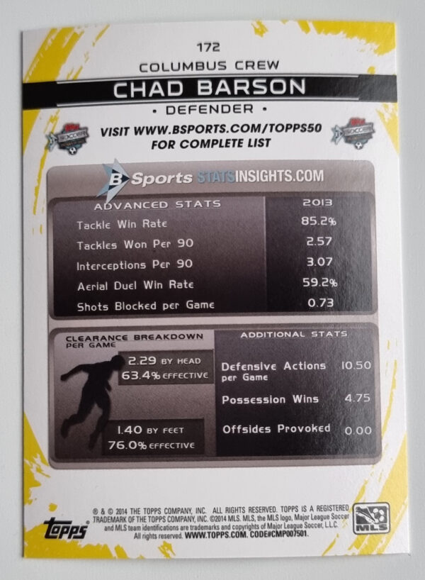2014 Topps MLS #172 Chad Barson – Image 2