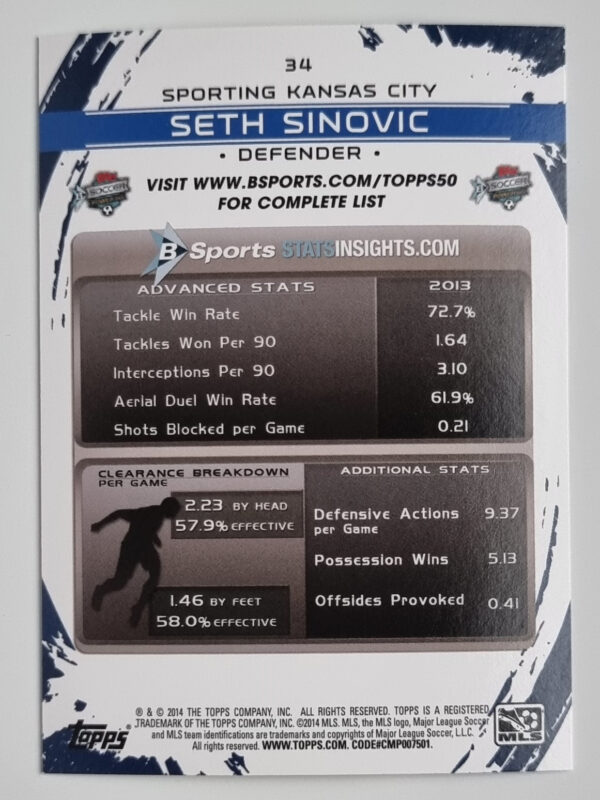 2014 Topps MLS #34 Seth Sinovic – Image 2
