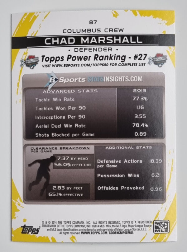 2014 Topps MLS #87 Chad Marshall – Image 2