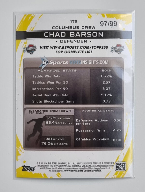 2014 Topps MLS Purple #172 Chad Barson – Image 2
