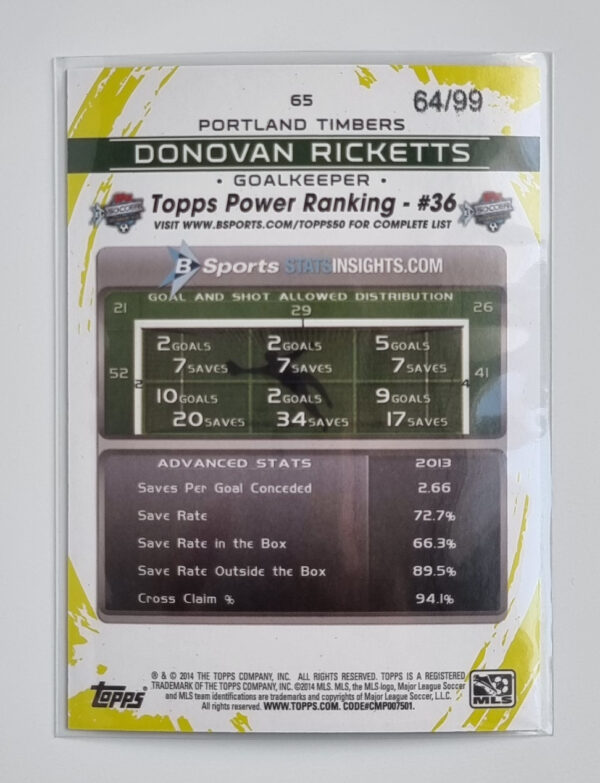 2014 Topps MLS Purple #65 Donovan Ricketts – Image 2