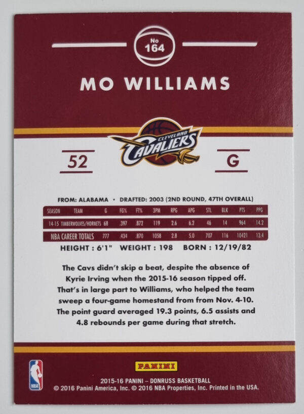 2015-16 Donruss #164 Mo Williams – Image 2