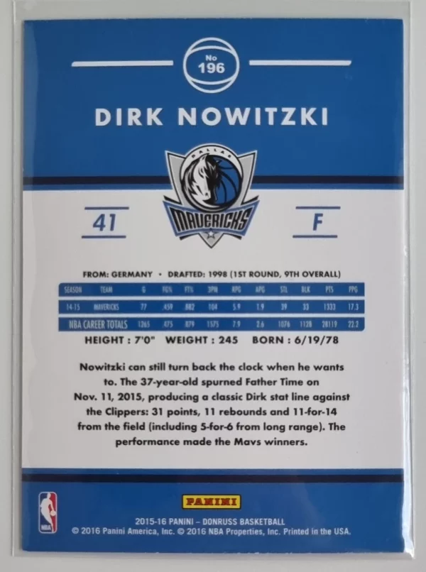 2015-16 Donruss #196 Dirk Nowitzki – Image 2