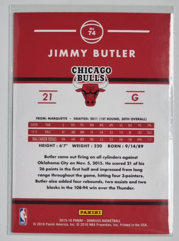 2015-16 Donruss #74 Jimmy Butler – Image 2