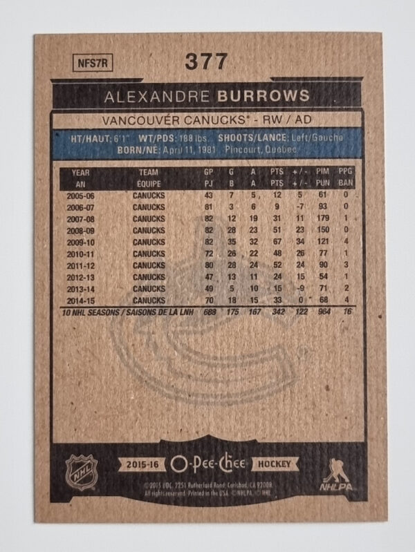 2015-16 O-Pee-Chee #377 Alexandre Burrows – Image 2