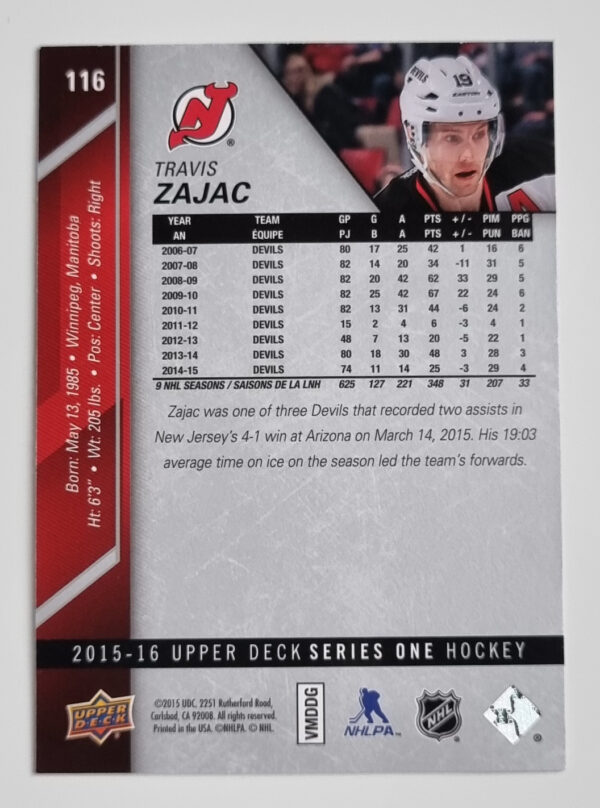 2015-16 Upper Deck #116 Travis Zajac – Image 2