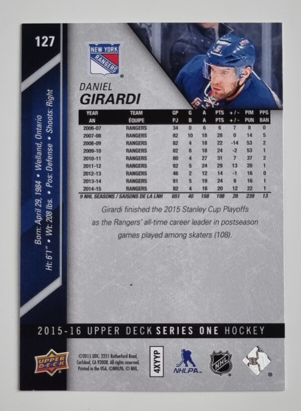 2015-16 Upper Deck #127 Daniel Girardi – Image 2