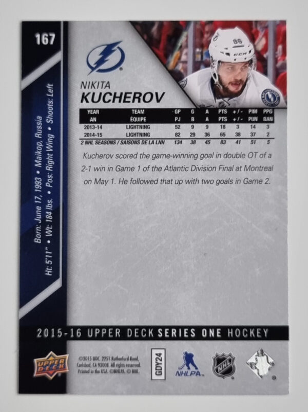 2015-16 Upper Deck #167 Nikita Kucherov – Image 2
