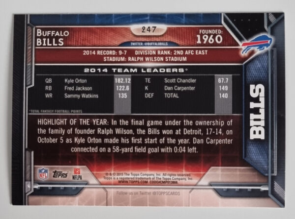 2015 Topps #247 Buffalo Bills/Sammy Watkins – Image 2