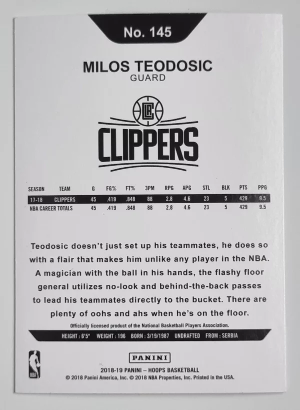 2018-19 Hoops #145 Milos Teodosic – Image 2