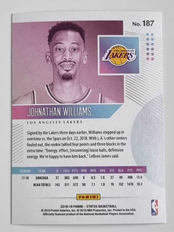 2018-19 Panini Status #187 Johnathan Williams – Image 2