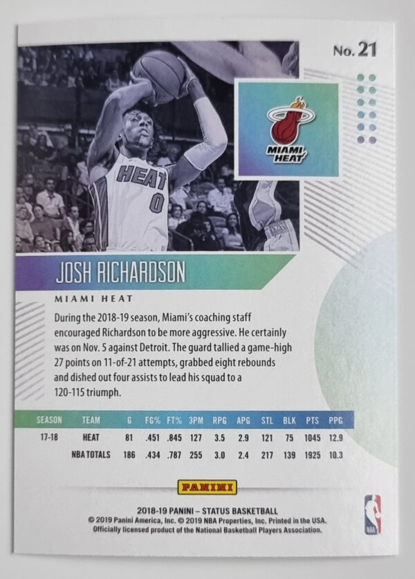 2018-19 Panini Status #21 Josh Richardson – Image 2