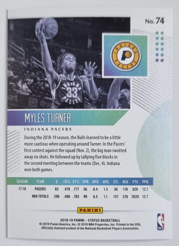 2018-19 Panini Status #74 Myles Turner – Image 2