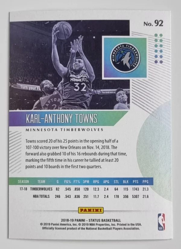 2018-19 Panini Status #92 Karl-Anthony Towns – Image 2