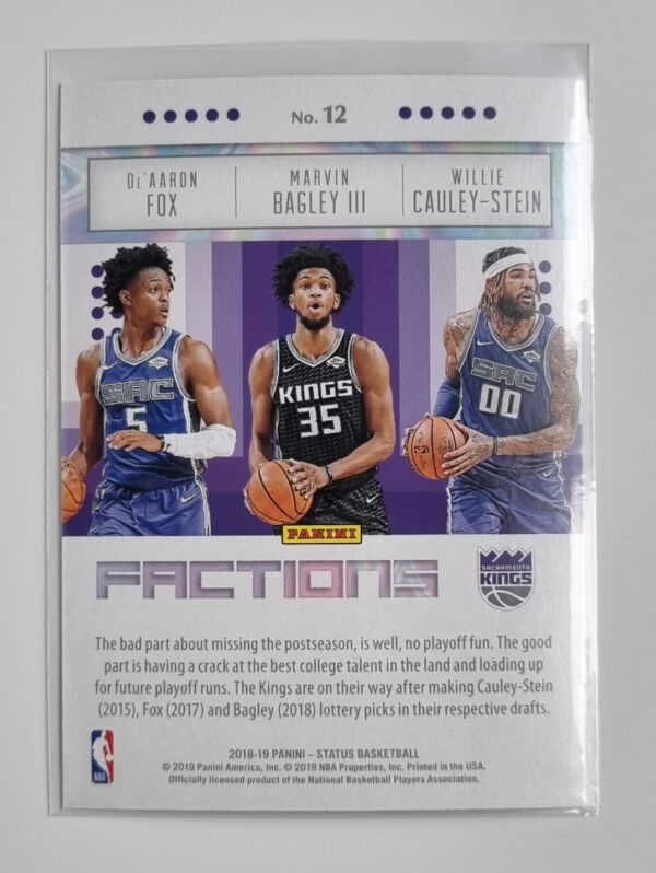 2018-19 Panini Status Factions #12 Marvin Bagley III/De'Aaron Fox/Willie Cauley-Stein – Image 2