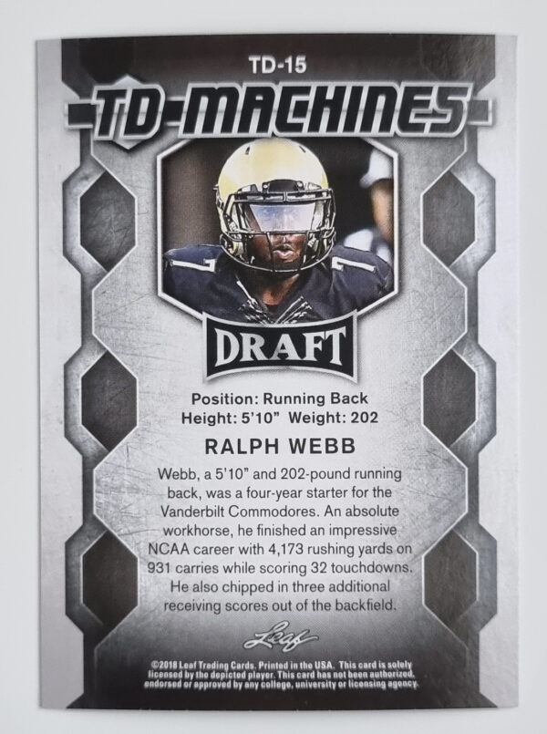 2018 Leaf Draft TD Machines Gold #TD15 Ralph Webb – Image 2