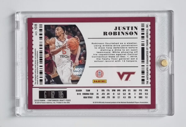 2019-20 Panini Contenders Draft Picks Draft Ticket Red Foil #108 Justin Robinson AU – Image 2