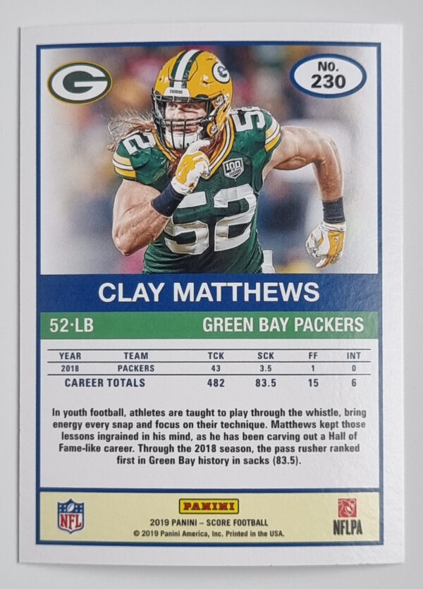 2019 Score #230 Clay Matthews – Image 2