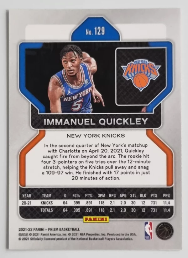 2021-22 Panini Prizm #129 Immanuel Quickley – Image 2