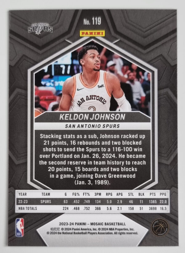 2023-24 Panini Mosaic #119 Keldon Johnson – Image 2
