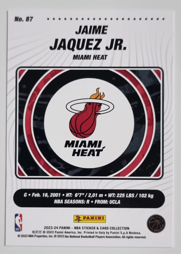 2023-24 Panini Stickers Cards #87 Jaime Jaquez Jr. – Image 2
