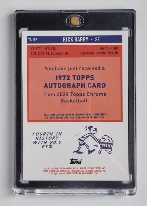 2023-24 Topps Chrome Sapphire '72 Topps Autographs Purple Refractors #TARB Rick Barry – Image 2