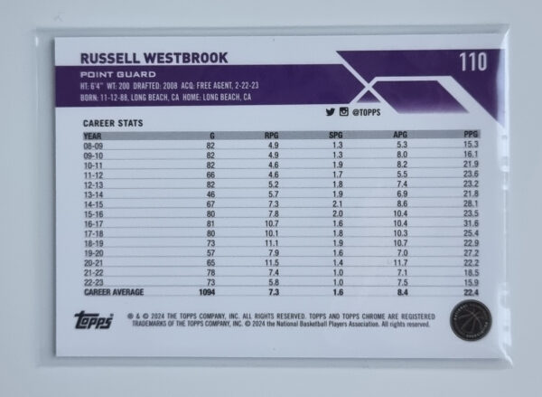 2023-24 Topps Chrome Blue Basketball Refractors #110 Russell Westbrook – Image 2