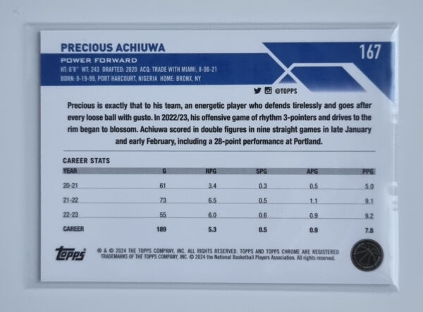 2023-24 Topps Chrome Blue Basketball Refractors #167 Precious Achiuwa – Image 2