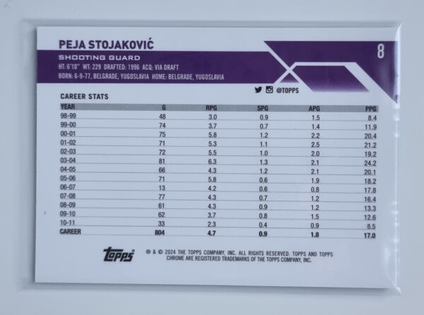 2023-24 Topps Chrome Blue Basketball Refractors #8 Peja Stojakovic – Image 2