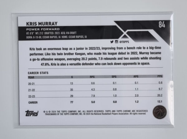 2023-24 Topps Chrome Blue Basketball Refractors #84 Kris Murray – Image 2
