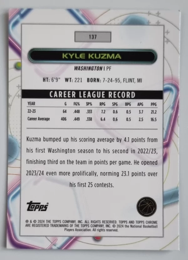 2023-24 Topps Cosmic Chrome #137 Kyle Kuzma – Image 2