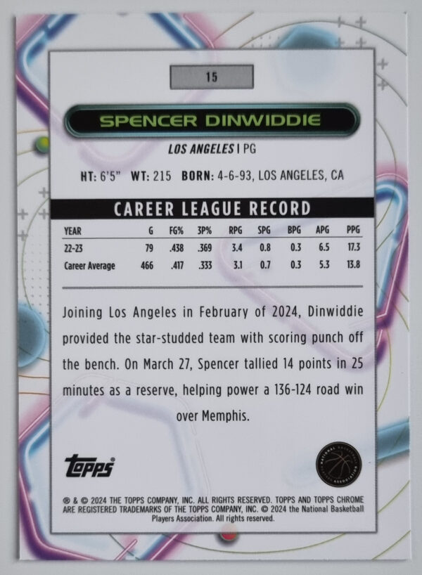 2023-24 Topps Cosmic Chrome #15 Spencer Dinwiddie – Image 2