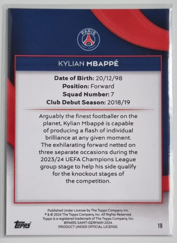 2023-24 Topps Paris Saint-Germain Team Set #19 Kylian Mbappe – Image 2