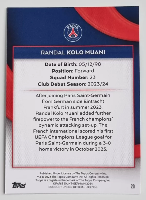 2023-24 Topps Paris Saint-Germain Team Set #20 Randal Kolo Muani – Image 2