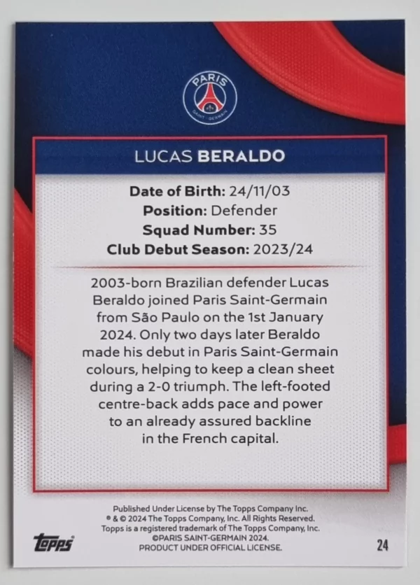 2023-24 Topps Paris Saint-Germain Team Set #24 Lucas Beraldo – Image 2