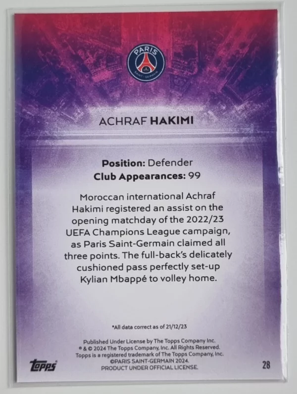 2023-24 Topps Paris Saint-Germain Team Set #28 Light Up Achraf Hakimi – Image 2