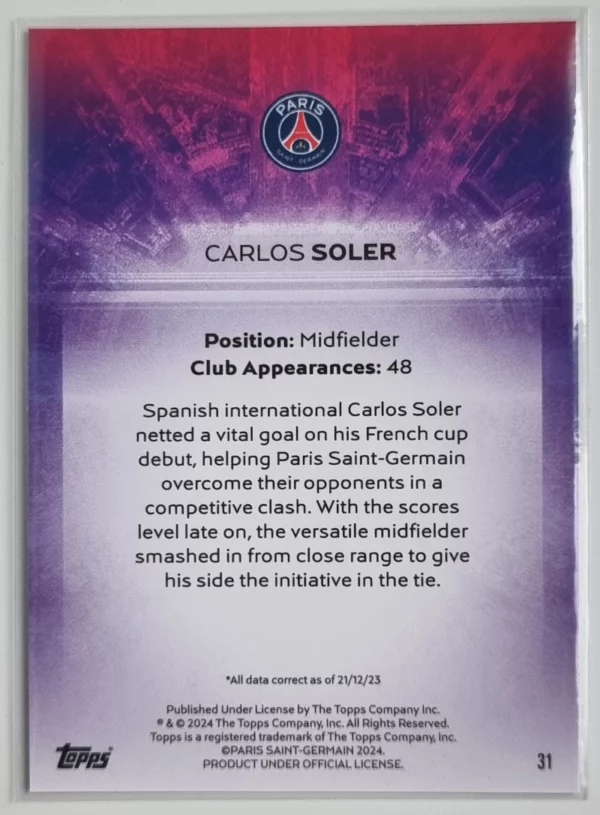 2023-24 Topps Paris Saint-Germain Team Set #31 Light Up Carlos Soler – Image 2